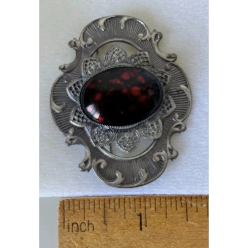 Jablonex Victorian Style Brooch New Boxed Czech Glass Red Black Cabochon Goth